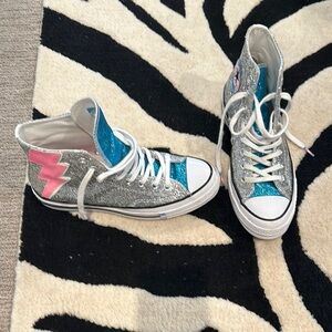 Converse Silver Glitter High-Tops with Blue and Pink Lightning Bolt